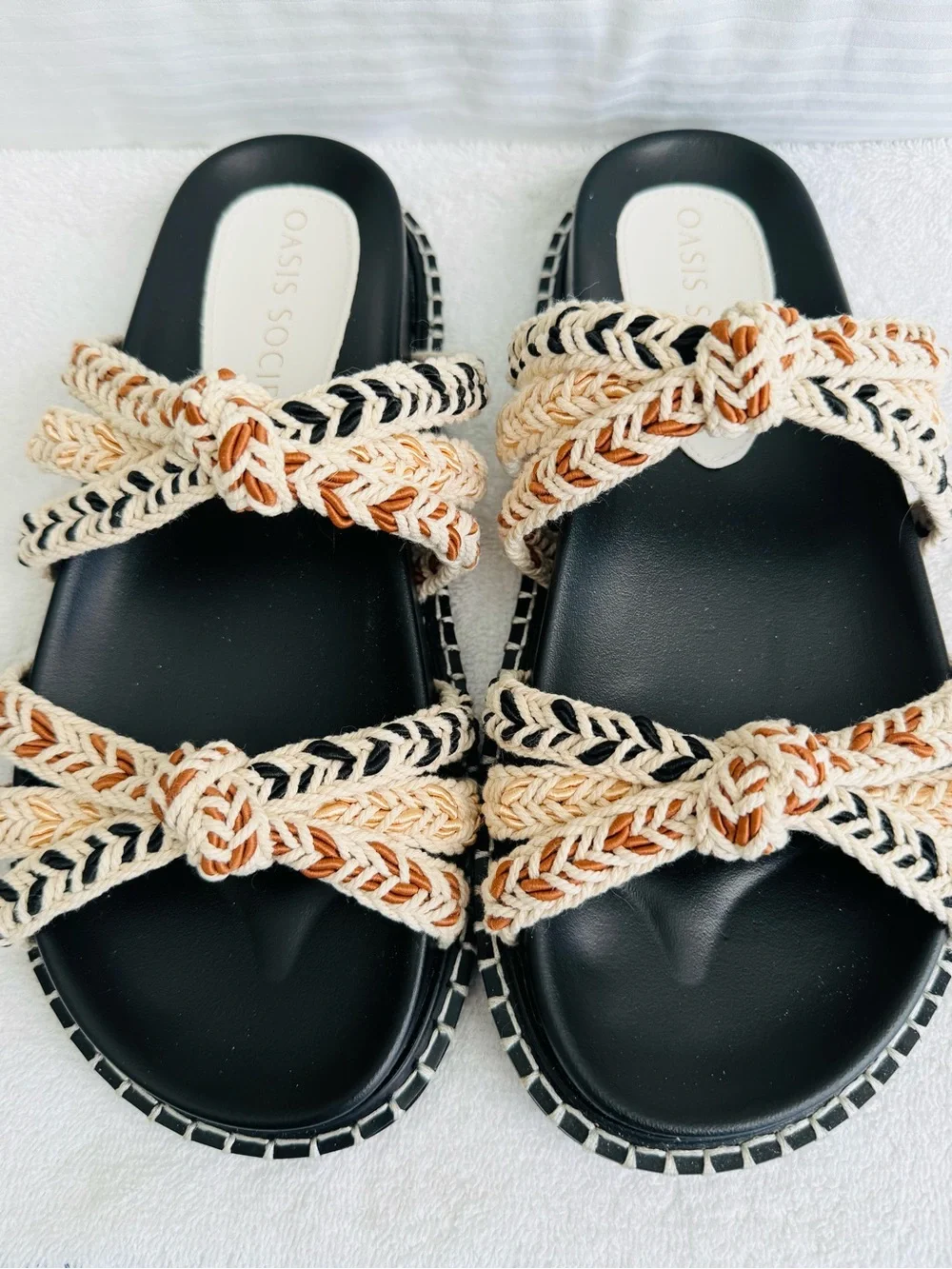 Oasis Society Braided Double-Strap Slide Sandals in Black, Cream & Tan - Picture 2 of 6
